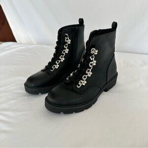 XOXO Priscie Black Women's Combat Boots with Silver rhinestone Accents